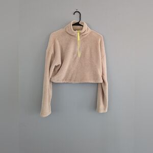 Urban Outfitters XS Beige Cropped Sherpa Fleece Pullover Half Zip Neon‎ Detail